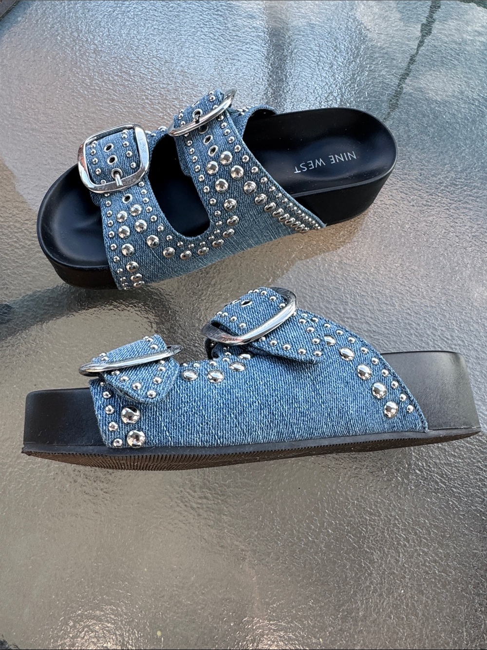 Nine West Denim Studded Double-Buckle Slide Sandals - Blue Sz 6 - Picture 4 of 6
